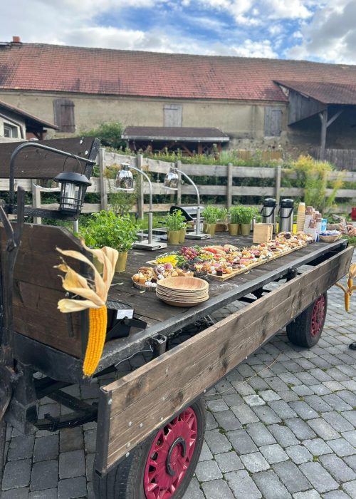 Fingerfood-Buffet auf historischem Pferdewagen im Freien